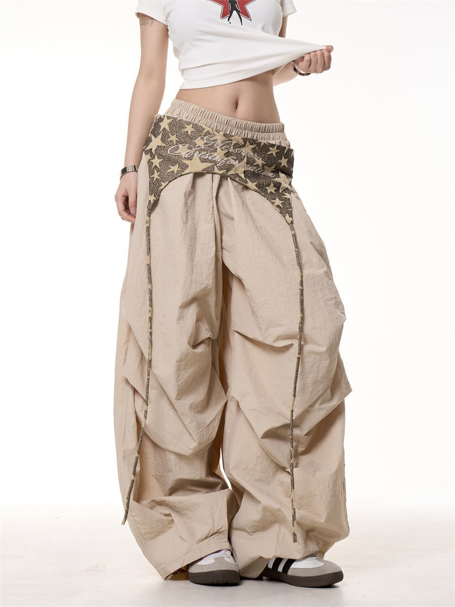 Womens Relaxed Casual American-style Layered Design Cargo Pants With Tie Details