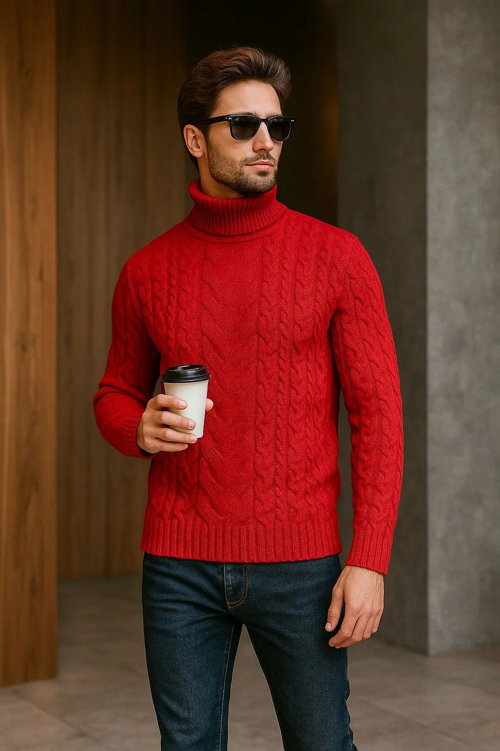 Mens Turtleneck Cable-Knit Sweater In Plus Sizes