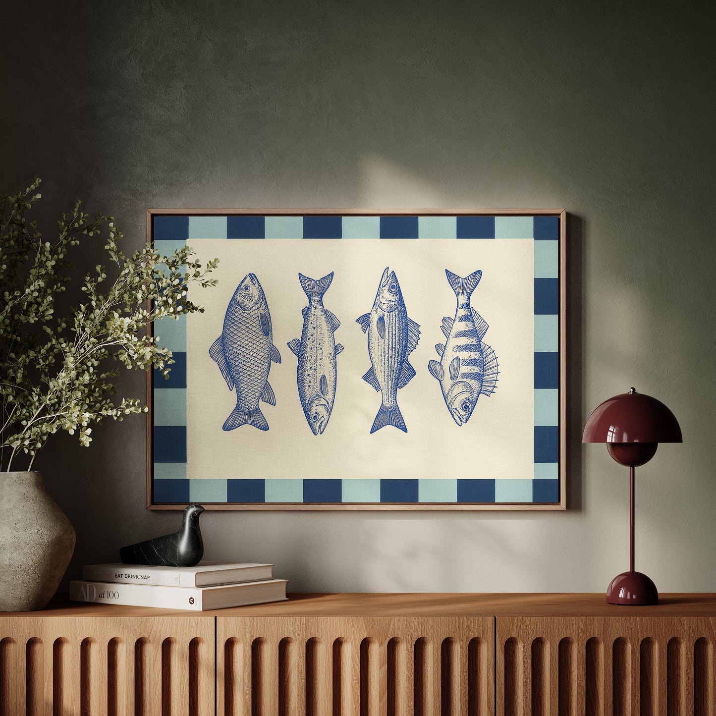 Quatuor de poissons vintage sur un damier bleu