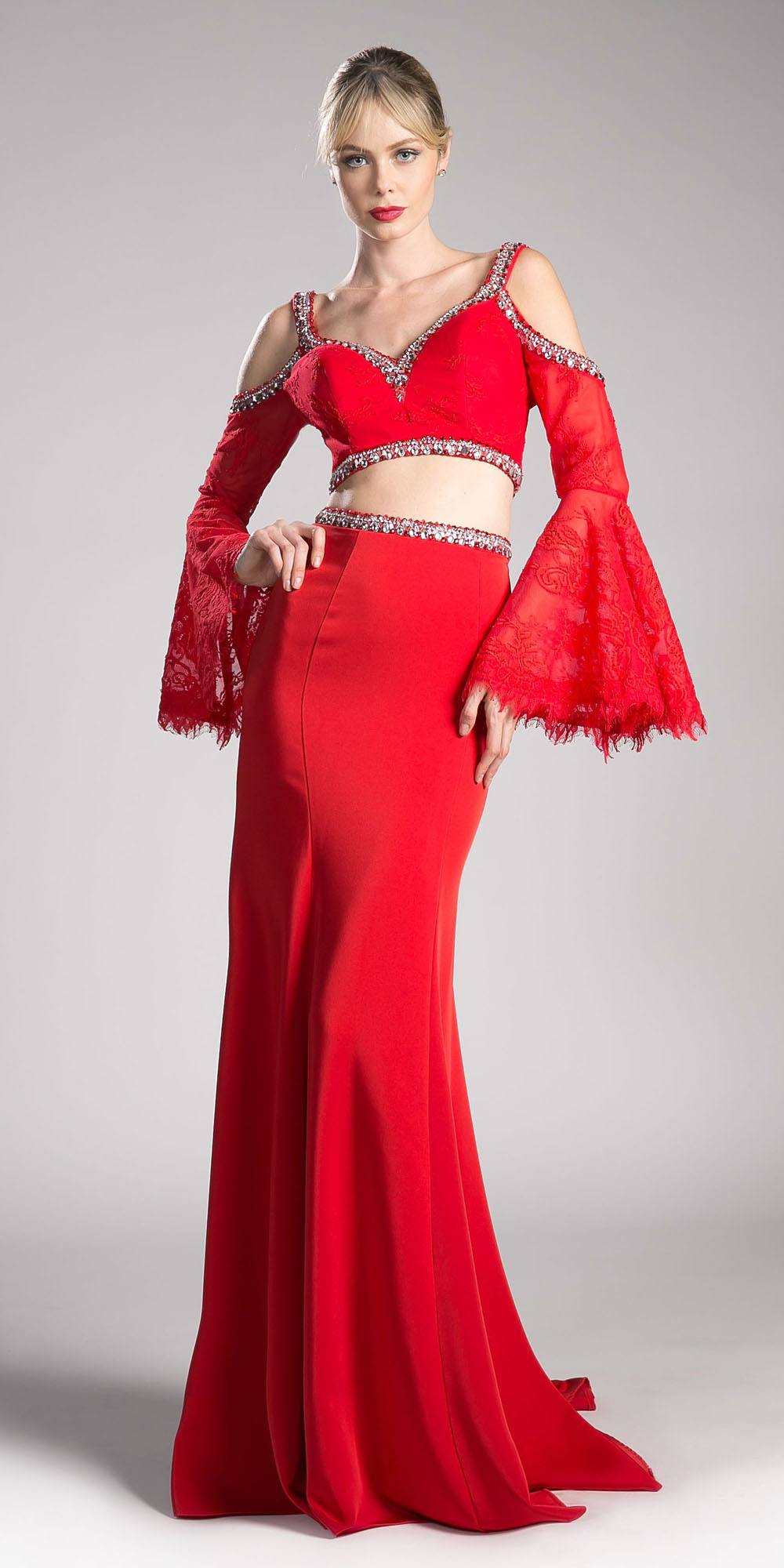 Cinderella Divine 13114 Two Piece Gown Cold Shoulder Trumpet Sleeves