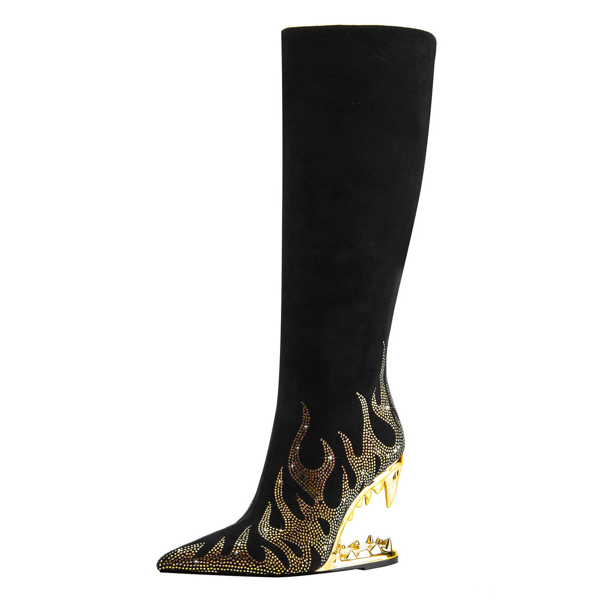 Rhinestone Flame Stretch Boots Tiger Tooth Heel