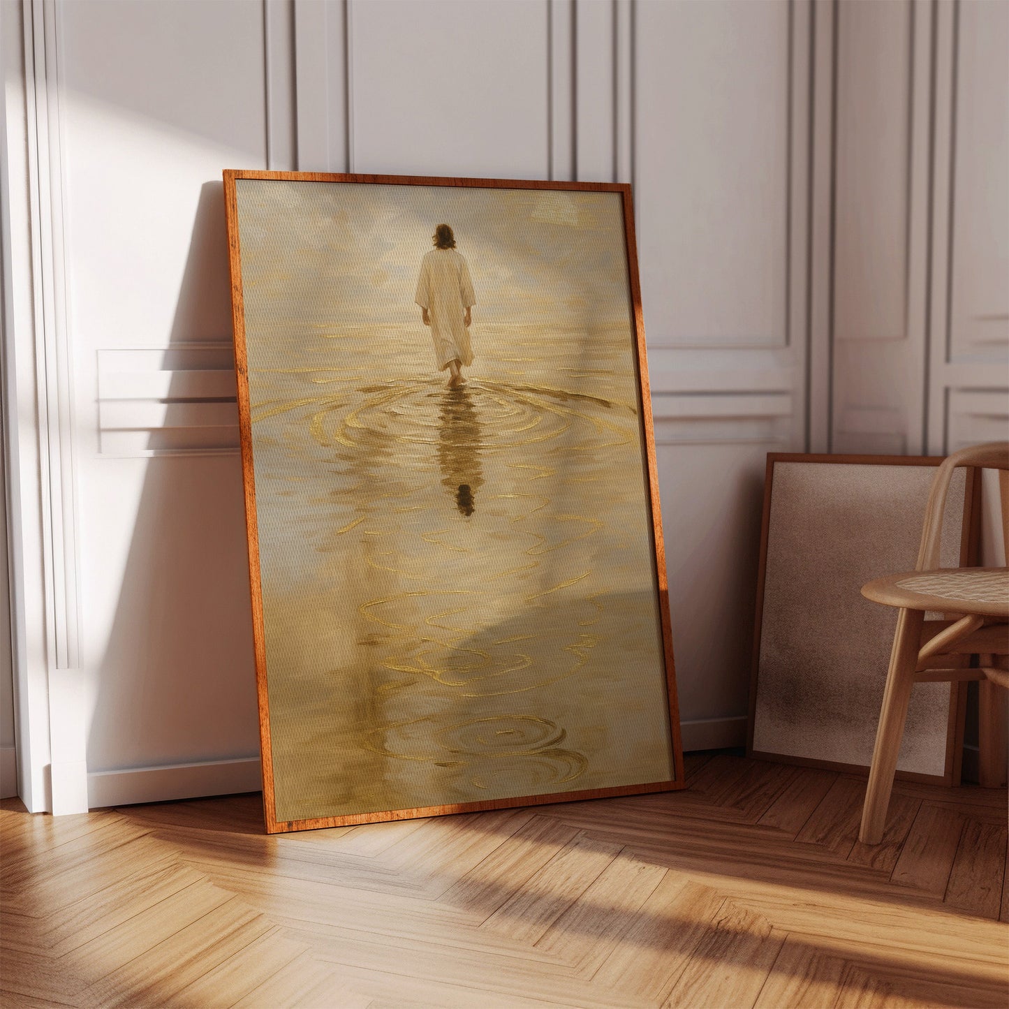 Goldenes Licht Jesus geht auf dem Wasser