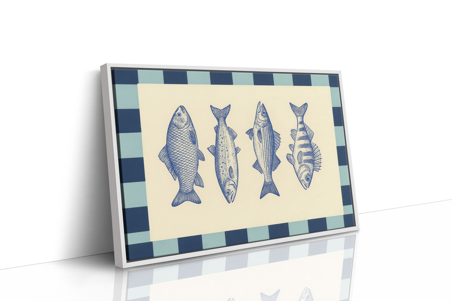 Quatuor de poissons vintage sur un damier bleu