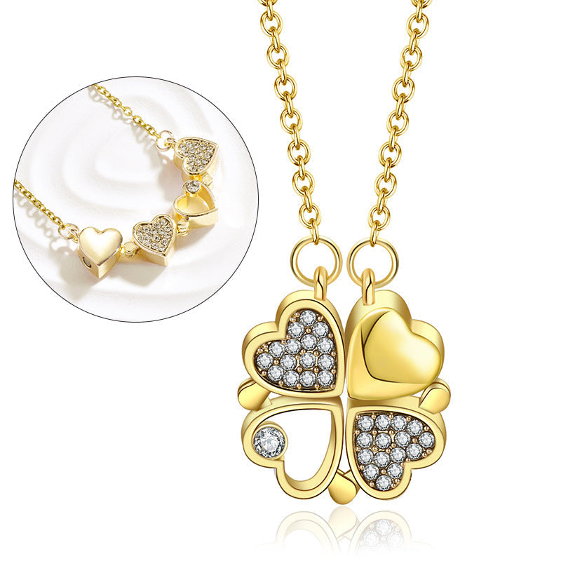 Magnetic Foldable Four Leaf Clover Necklace For Women, Convertible 4 Heart Pendant Collarbone Chain, Dainty Zircon Sweater Chain Fashion Jewelry