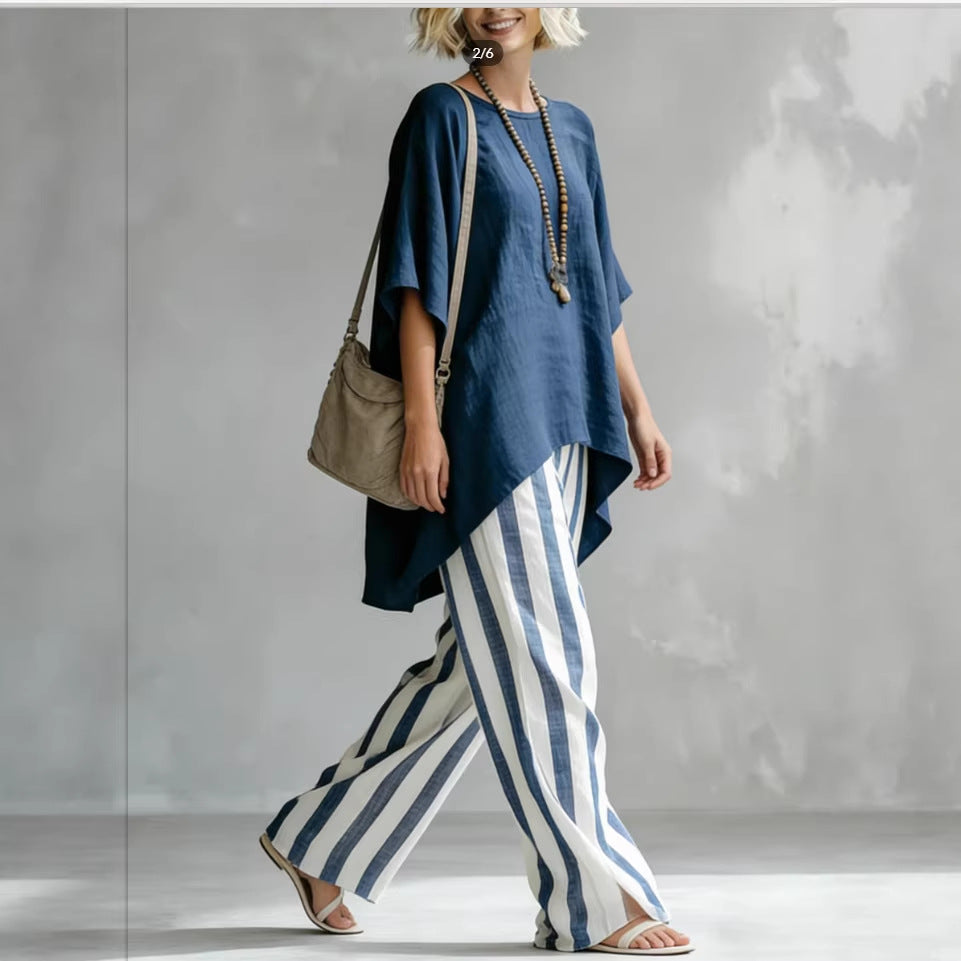Women's Striped Batwing-Sleeve Loose Two-Piece Set