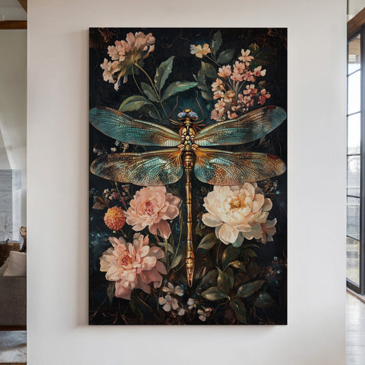 Goldene Libelle: Dunkel Florale Barocke Leinwand-Wandkunst