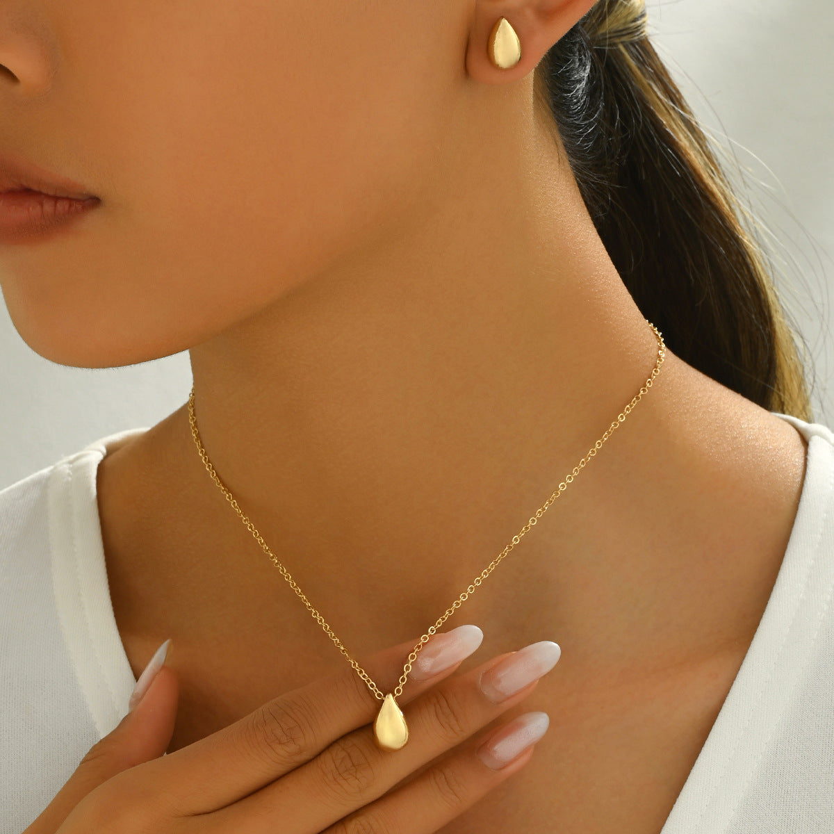 Sweet Fresh Style Women Jewelry Set, Niche Geometric Water Drop Design Matching Clavicle Necklace & Earrings, Versatile Daily Neck Ear Ornaments