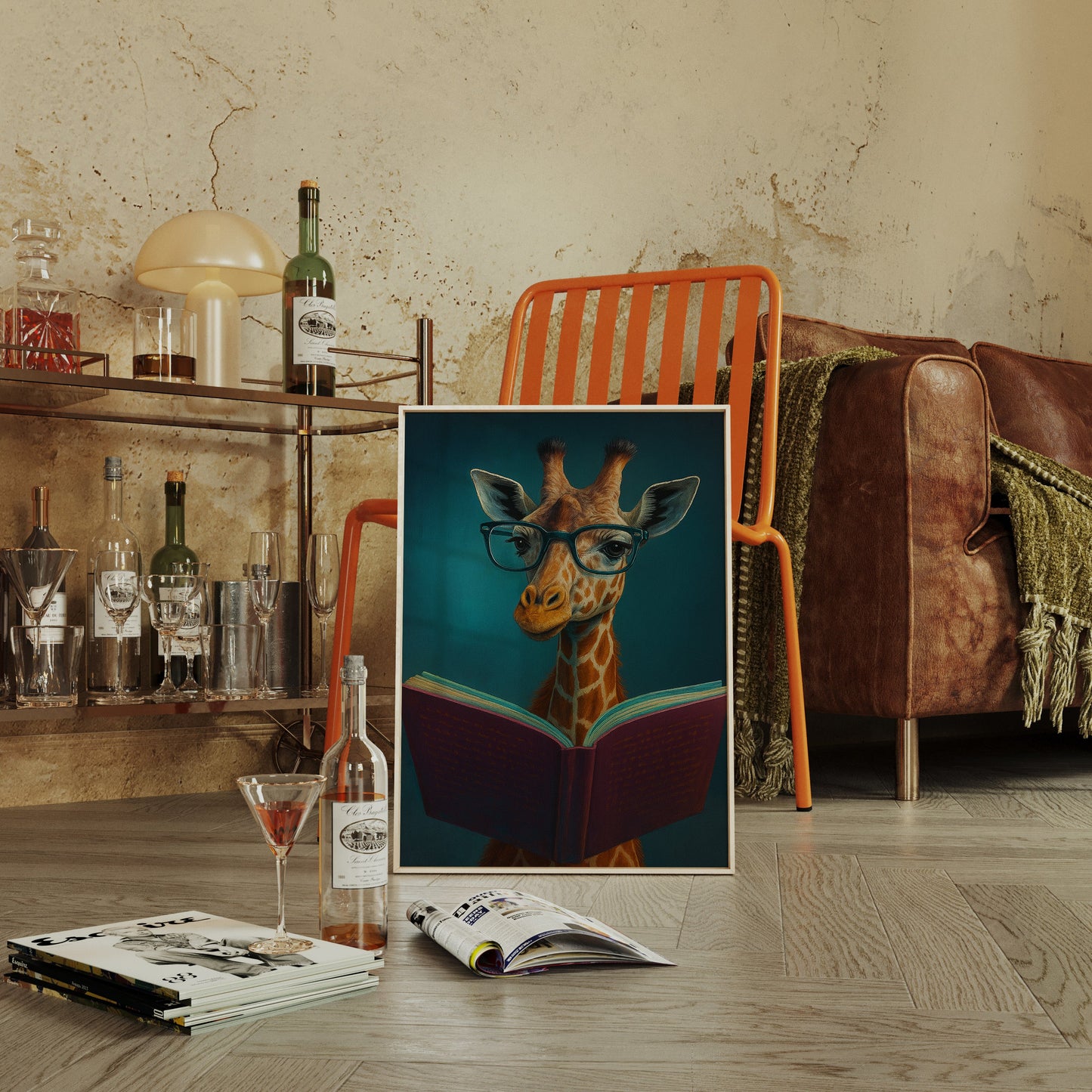 Girafe à lunettes lisant un livre
