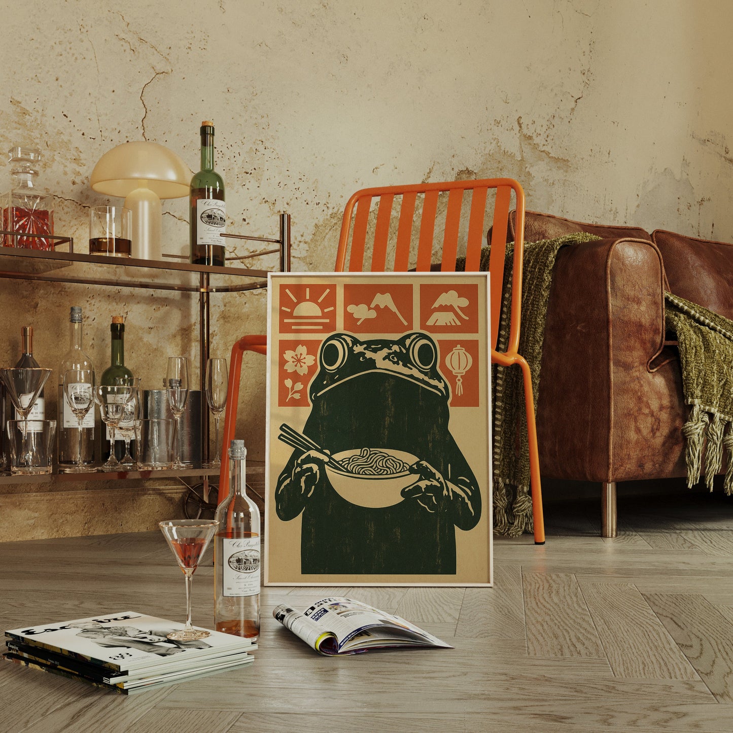 Ramen Frog in Retro Woodblock Style