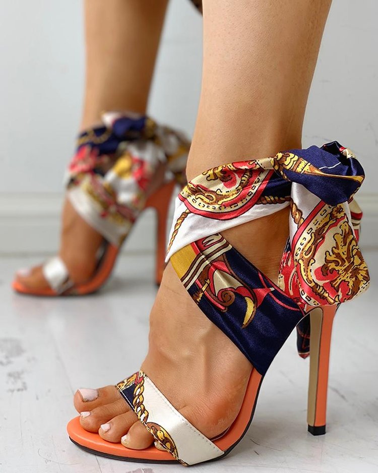 Women's Floral Ribbon Stiletto Heels – Open Toe High Heels