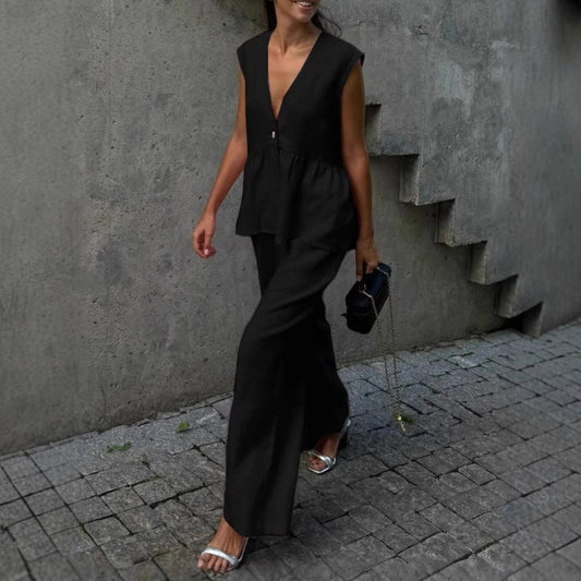 Women’s Cotton V-Neck Sleeveless Vest and Wide-Leg Pants Set