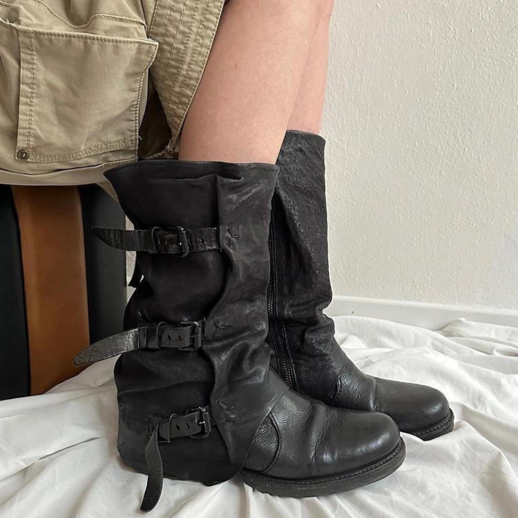 Womens Retro Leather-buckle Pleated Mid-calf Boots