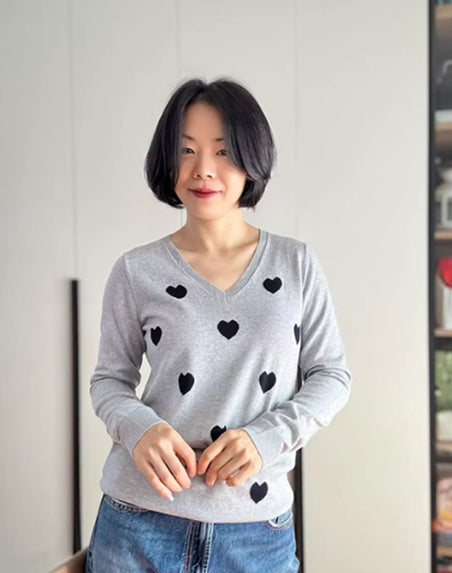 Womens Modal V-Neck Long-Sleeve Heart-Shape Jacquard Pullover Knit Top
