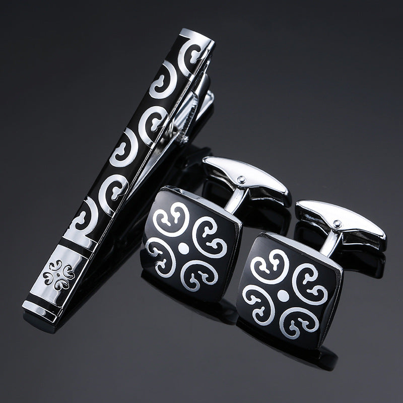Gold And Silver Black Crystal Rose Enamel Pattern Batch Flower Tie Clip Cuff Buckle Set