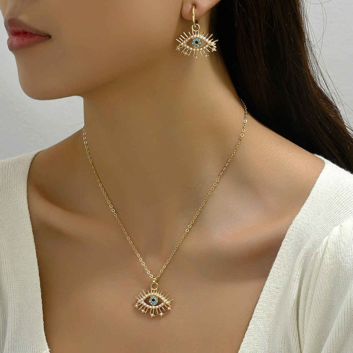 2026 New Hip Hop Women Jewelry Set, Niche Evil Eye Design Stud Earrings & Long Cubic Zirconia Inlaid Clavicle Chain