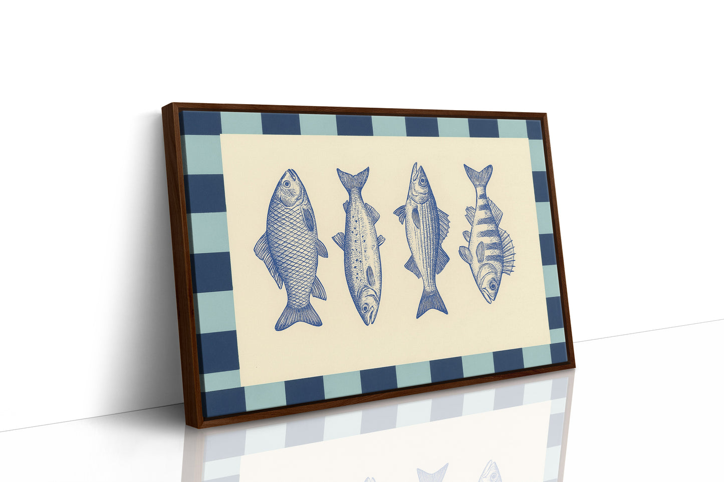 Quatuor de poissons vintage sur un damier bleu