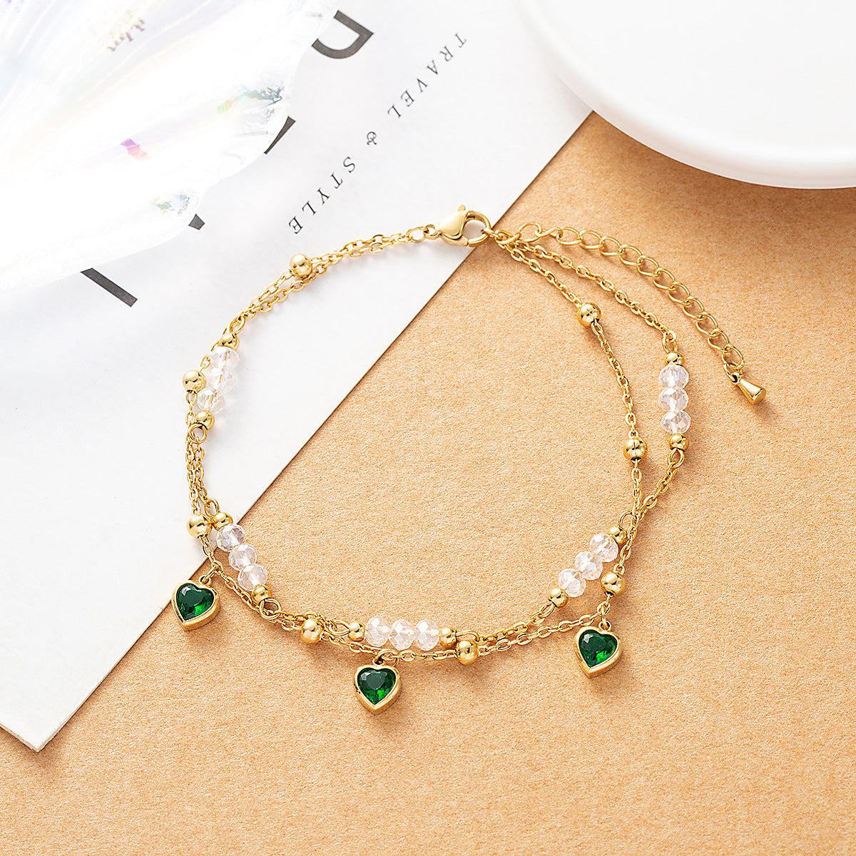 Fashionable Double-Layer Zircon Heart Pendant Anklet