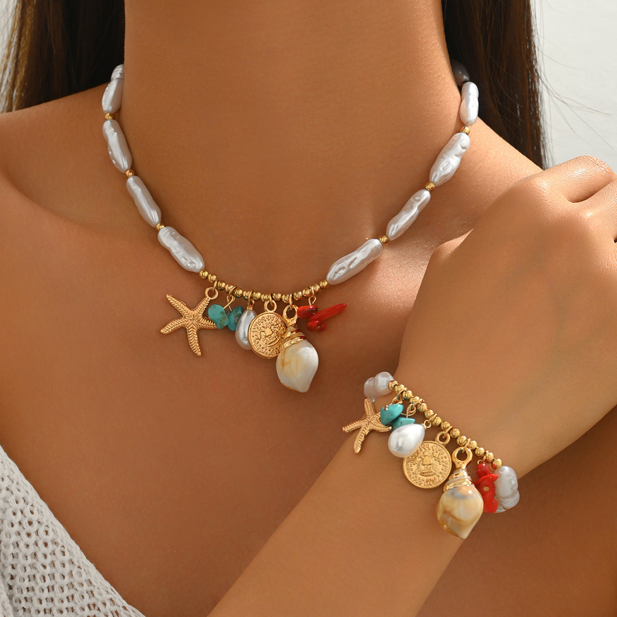 European American Ocean Style Women Jewelry Set, Fashion Beaded Shell Conch Design Matching Necklace & Bracelet Daily Accessories