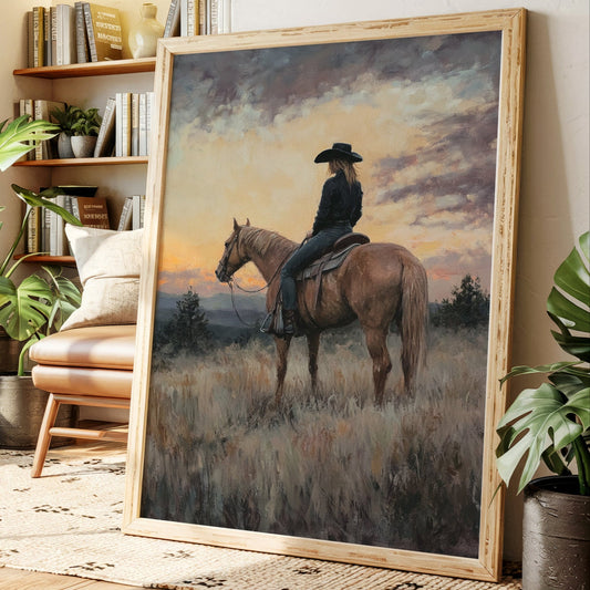 Abendwache – Cowgirl und Pferd bei Sonnenuntergang