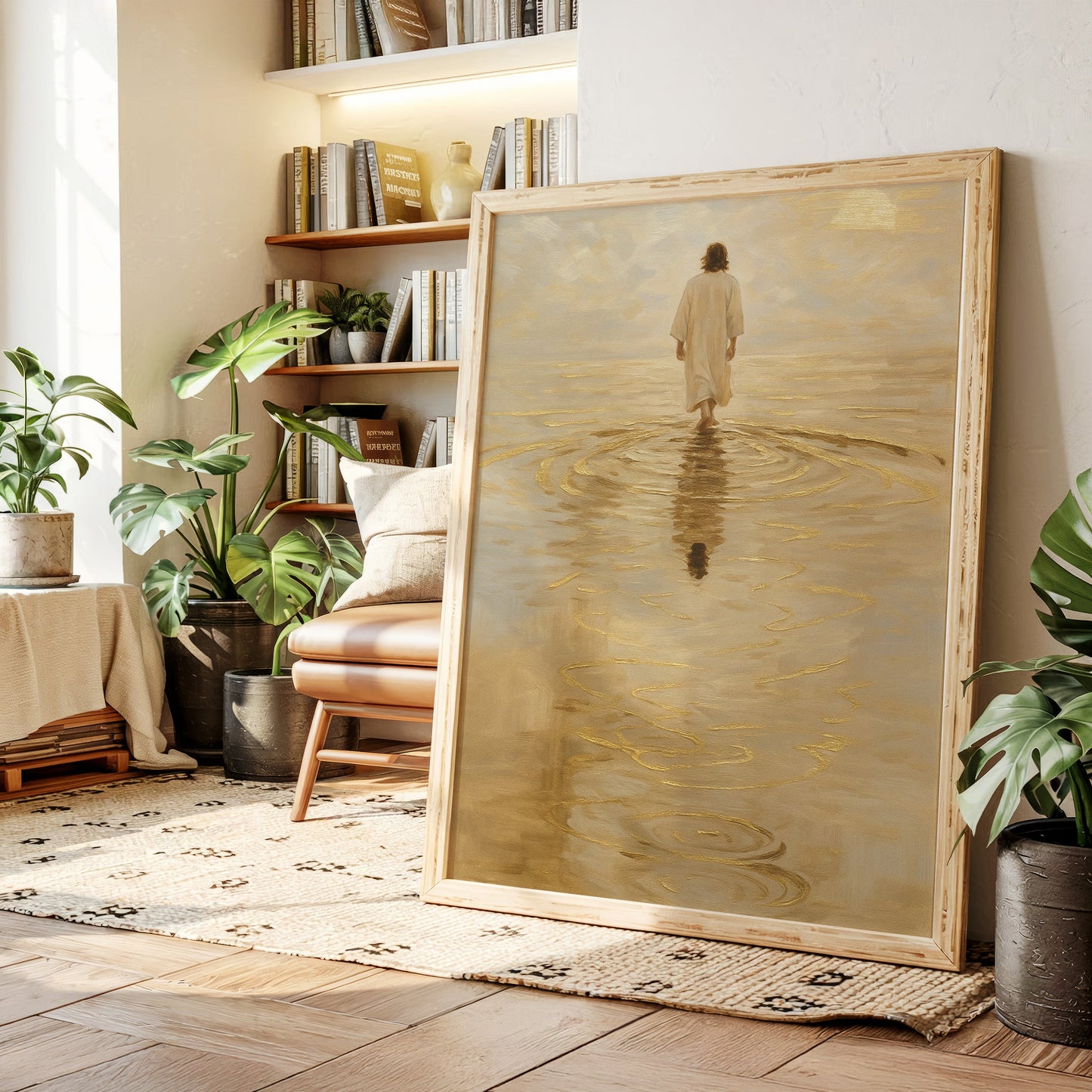 Goldenes Licht Jesus geht auf dem Wasser