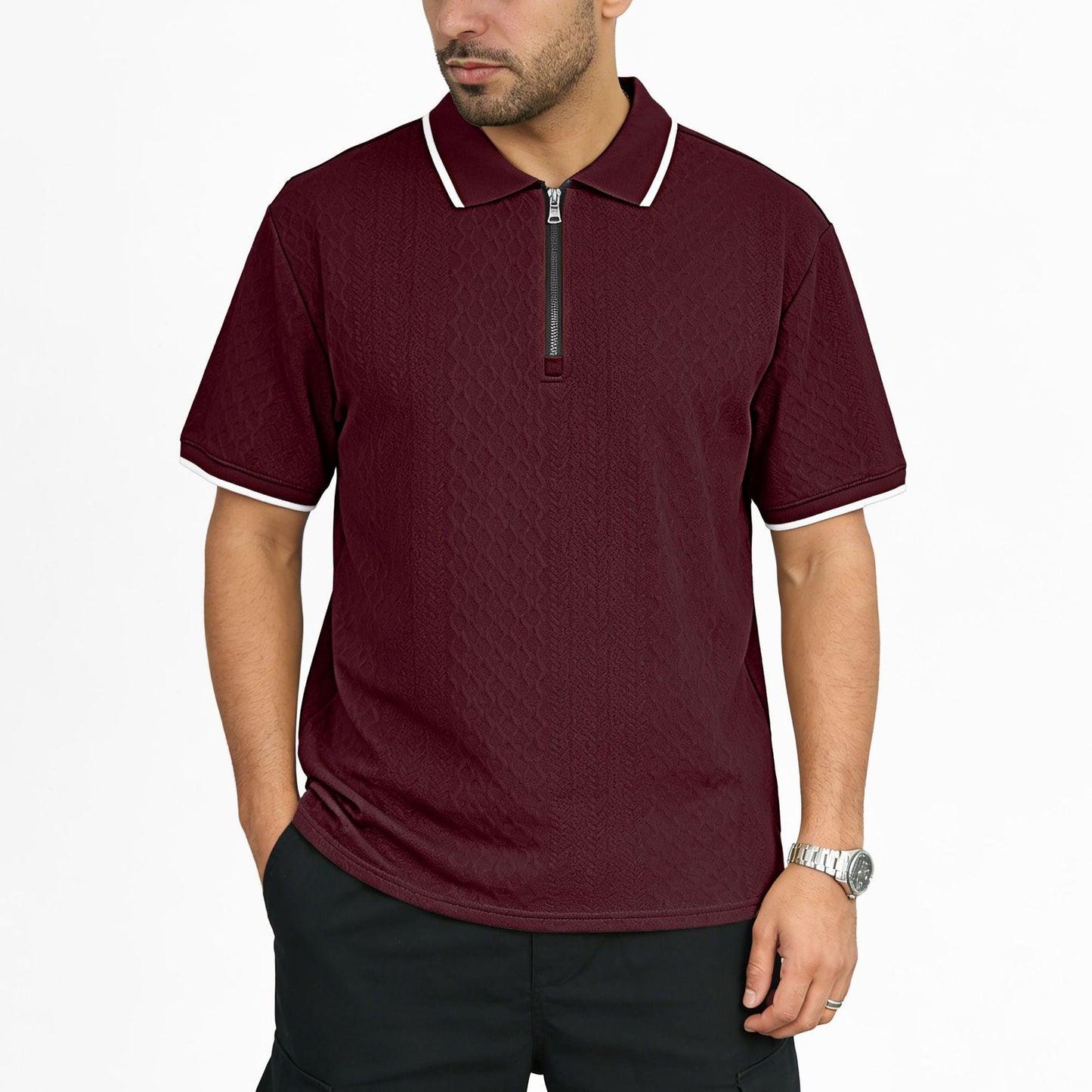 Mens Jacquard Loose-Fit Short-Sleeve Zip-Up Polo Shirt