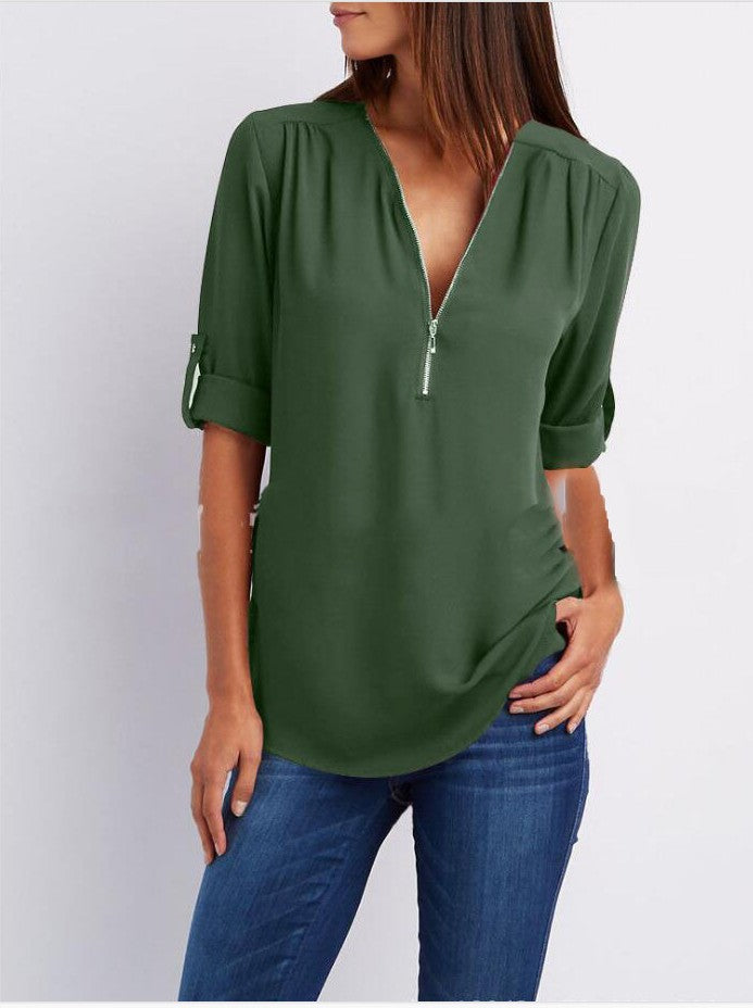 Women's Short-Sleeve Zip V-Neck Loose Top