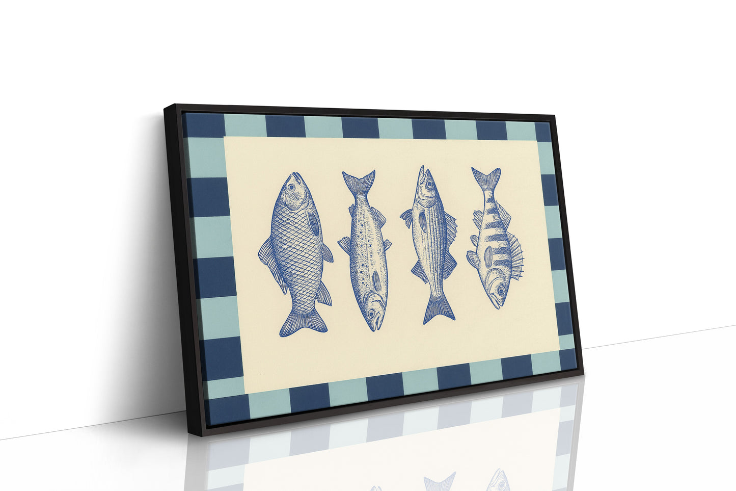 Quatuor de poissons vintage sur un damier bleu