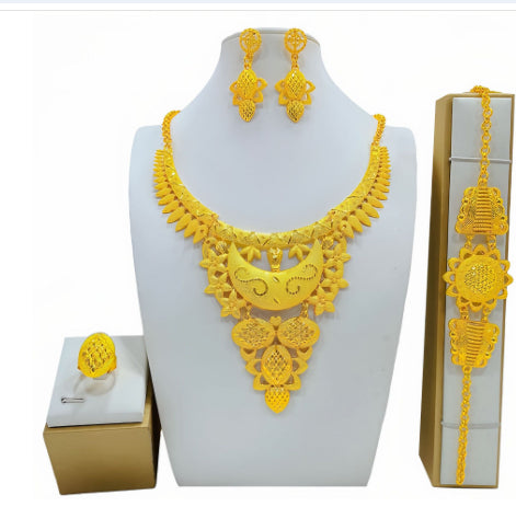 Gold Jewelry Suit Arabic Bridal Wedding Necklace Bracelet Earrings Ring