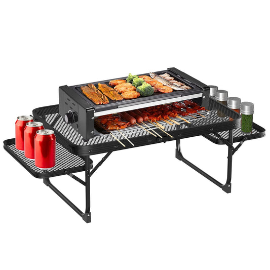 Table de camping pliable, support de gril pliant en alliage d'aluminium, charge maximale de 40 kg, table de barbecue avec 2 plateaux latéraux