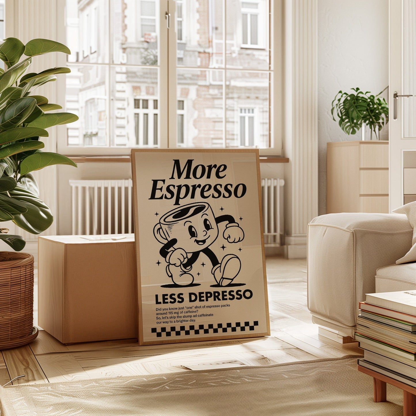 More Espresso, Less Depresso – Vintage Kaffee Poster Kunstdruck