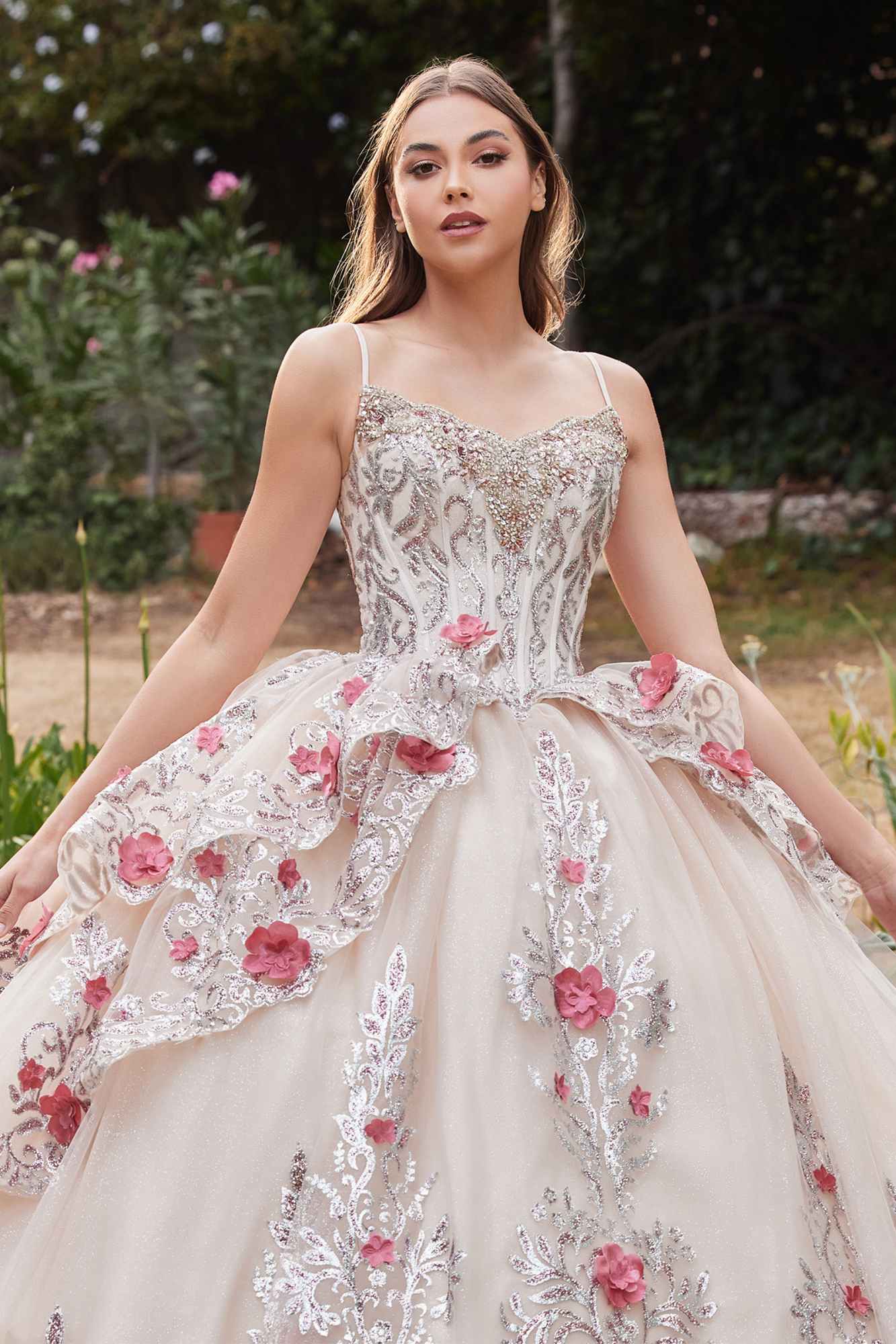 Ladivine 15703 Layered Tulle Quince Ball Gown With Foral Applique