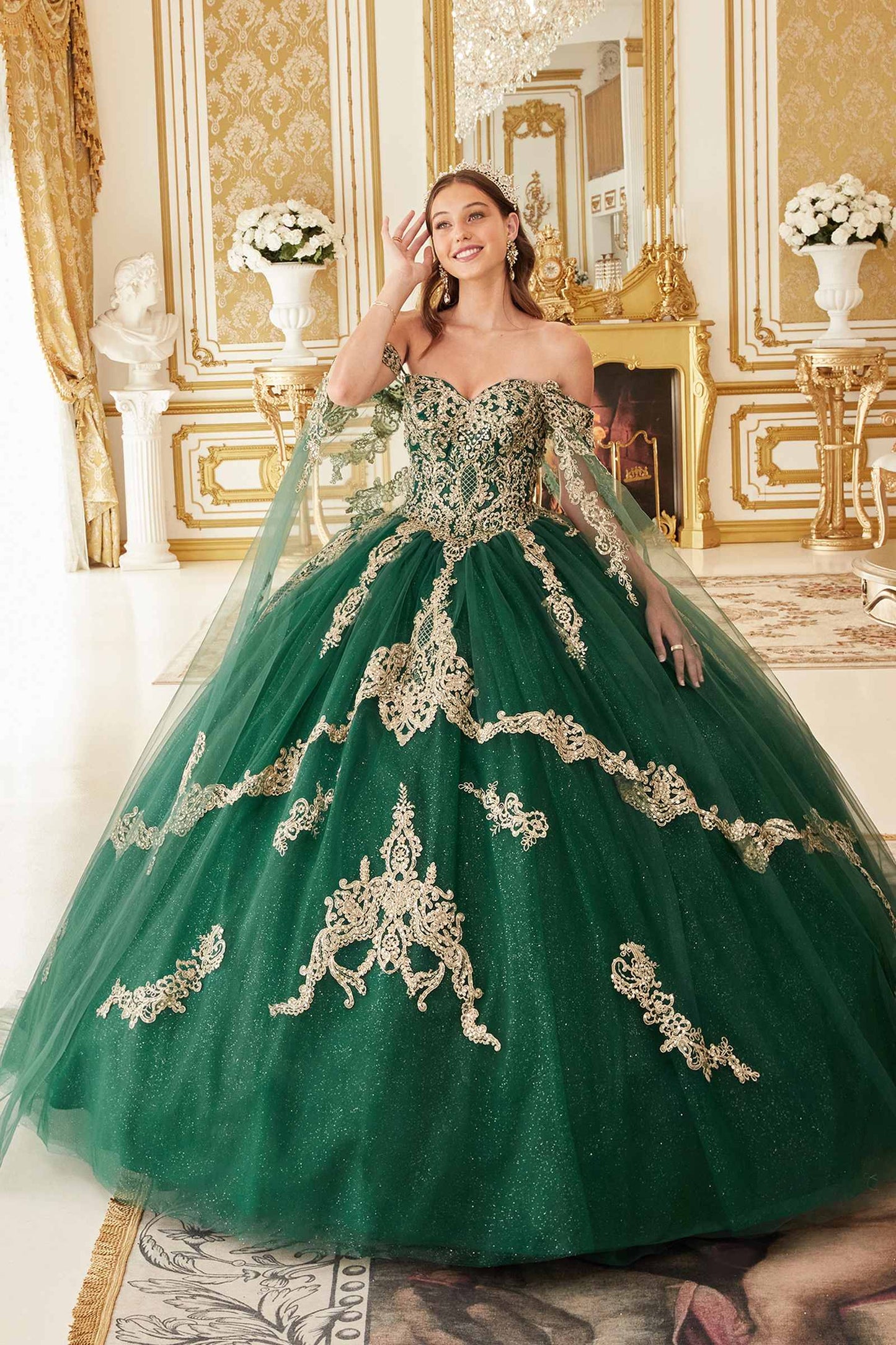 Ladivine 15711 Off the Shoulder Glitter Tulle A-Line Ball Gown Removable Cape