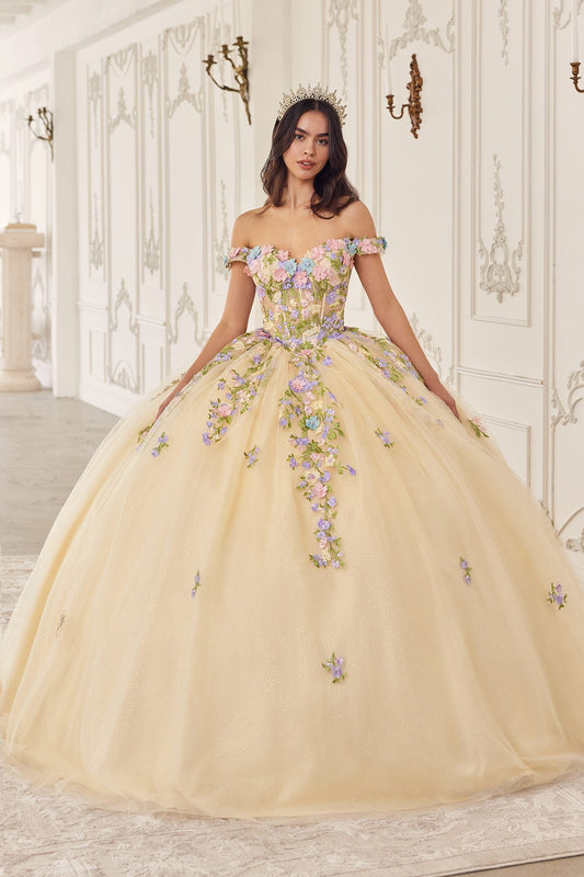 Ladivine 15724 Floral Lace Applique Quinceanera Gown Removable Capelet