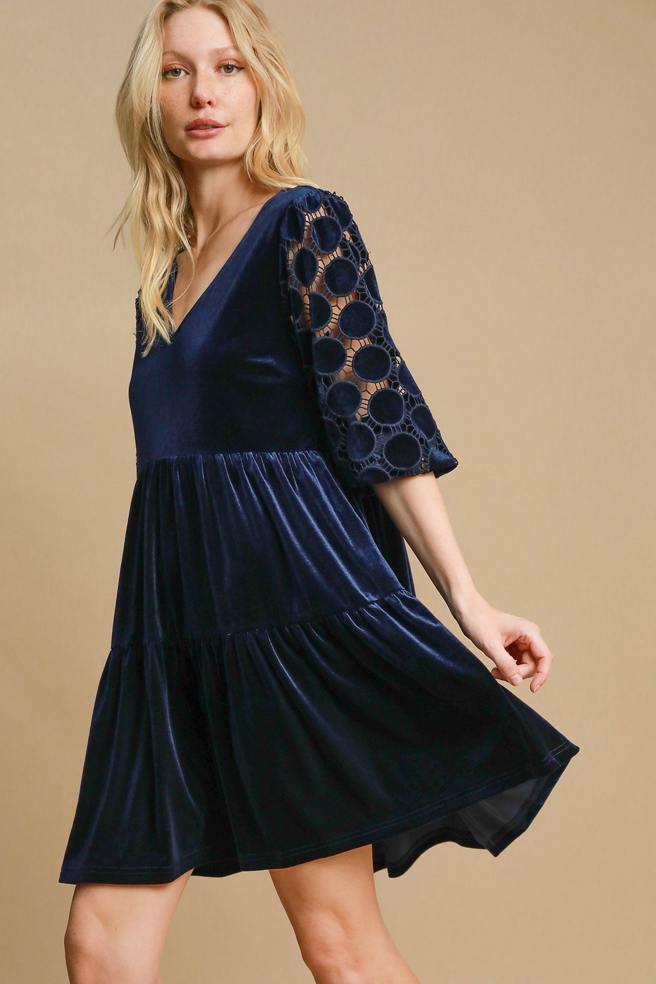 Dotted Lace Sleeve Tiered Velvet Mini Dress For Women – Vintage Velvet Dress, Lace Sleeve Mini Dress, Tiered Velvet Dress, Elegant Party Dress