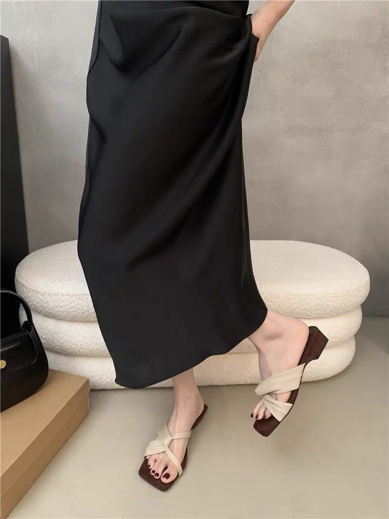 Women French Unique Design Block Heel Slide Sandals, 2026 New Summer Square Toe Open Toe Mid Heel Outdoor Slippers