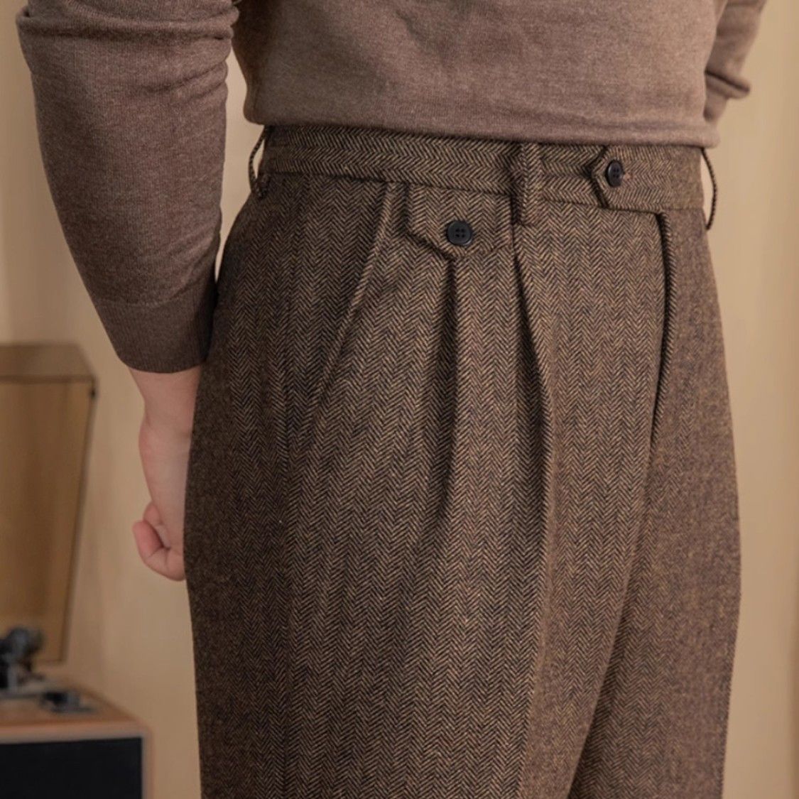 Mens Italian Herringbone Cropped Trousers