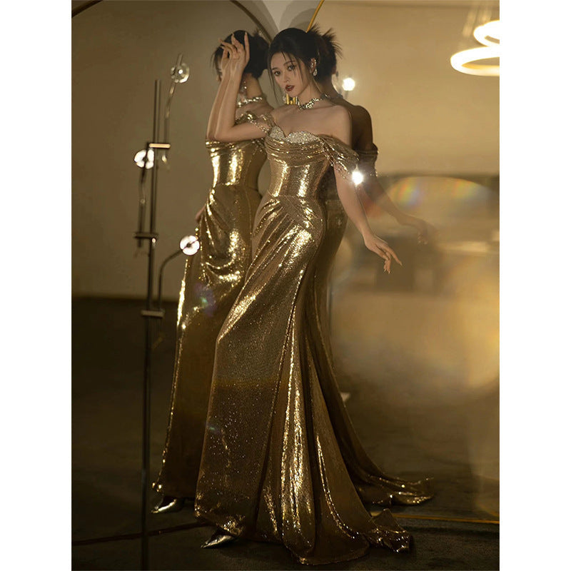 Gold Sequined Fishtail Dress