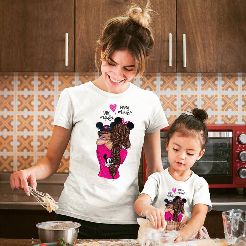 Women's And Women's Short-Sleeved t-Shirts Cartoon Mother And Daughter Printing Parent-Child Top