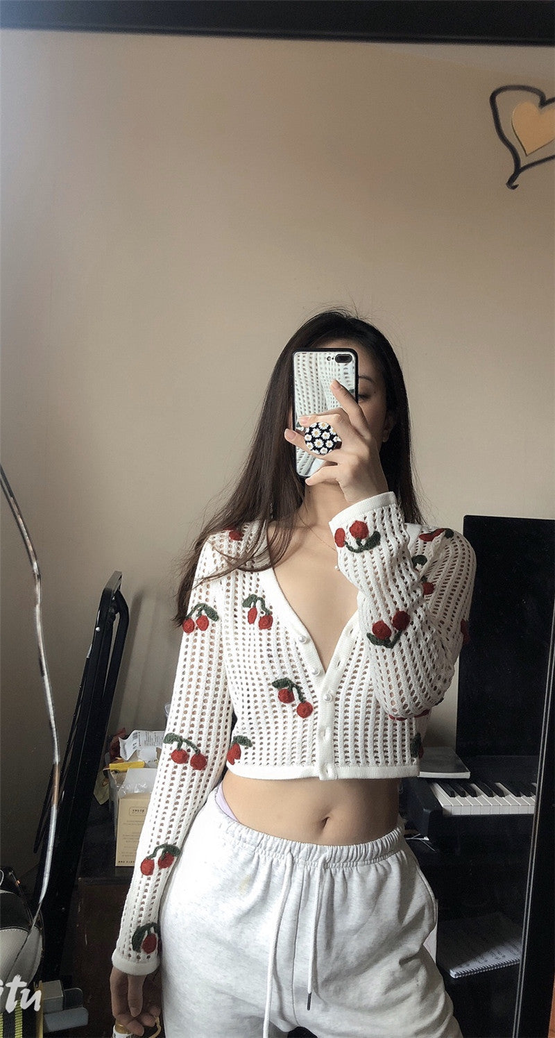 Women’s Cherry Embroidery Crochet Cardigan