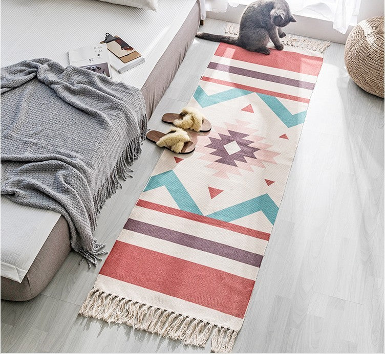 Hand Woven Cotton Linen Bohemian Rug Long Geometric Floor Accessory