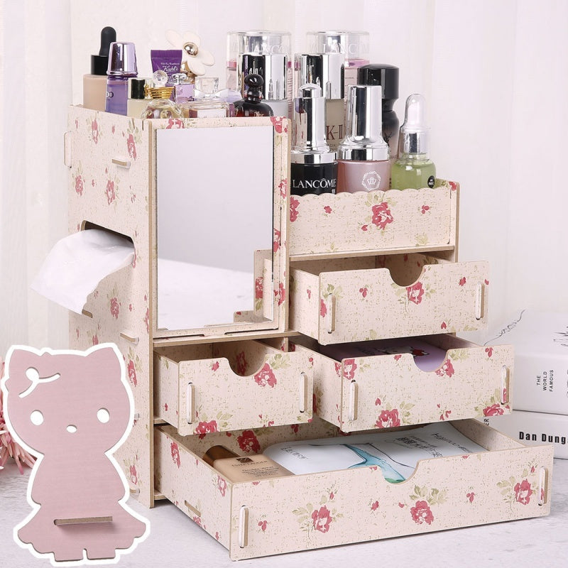 Wooden Cosmetic Storage Box Jewelry Drawer Organizer