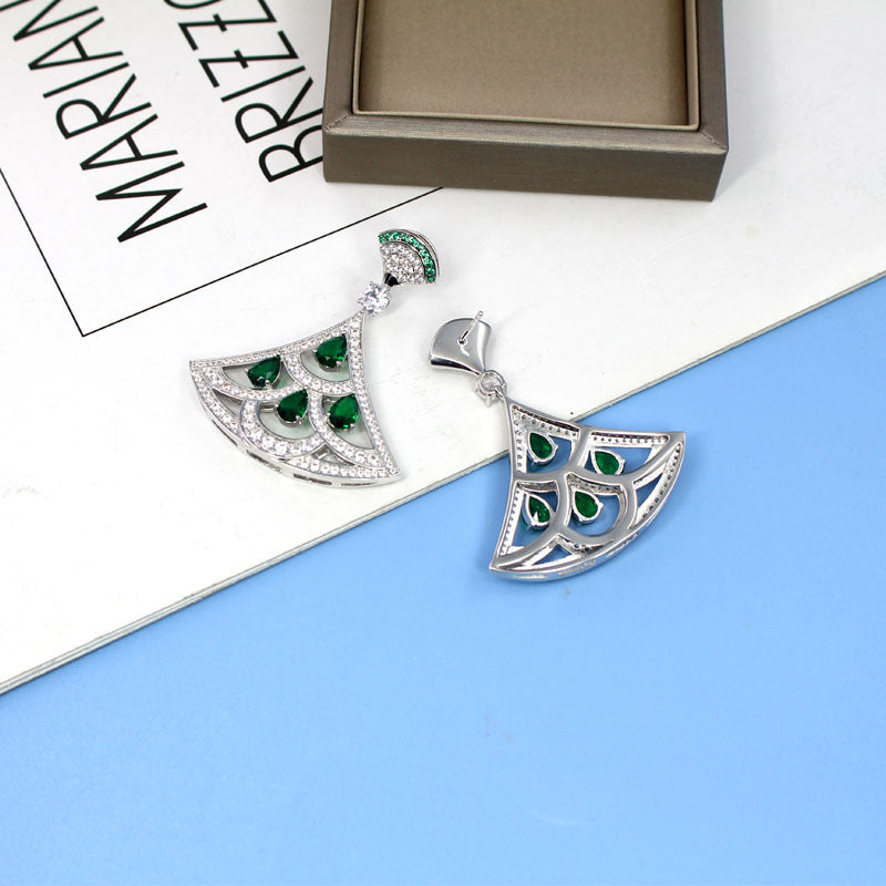 Green Zircon Fan Earrings with Gold Plating