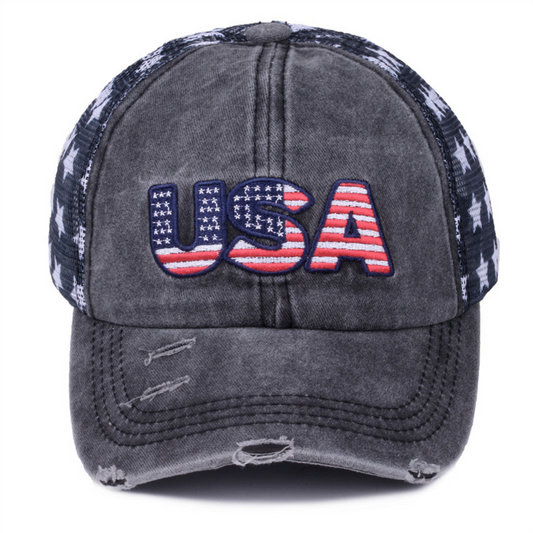 Single-color Stitched Star-pattern Net Fabric Three-dimensional American Flag Embroidery Washed-out Vintage Simple Style Baseball Cap Suitable For Outdoor, Street, And Travel Use