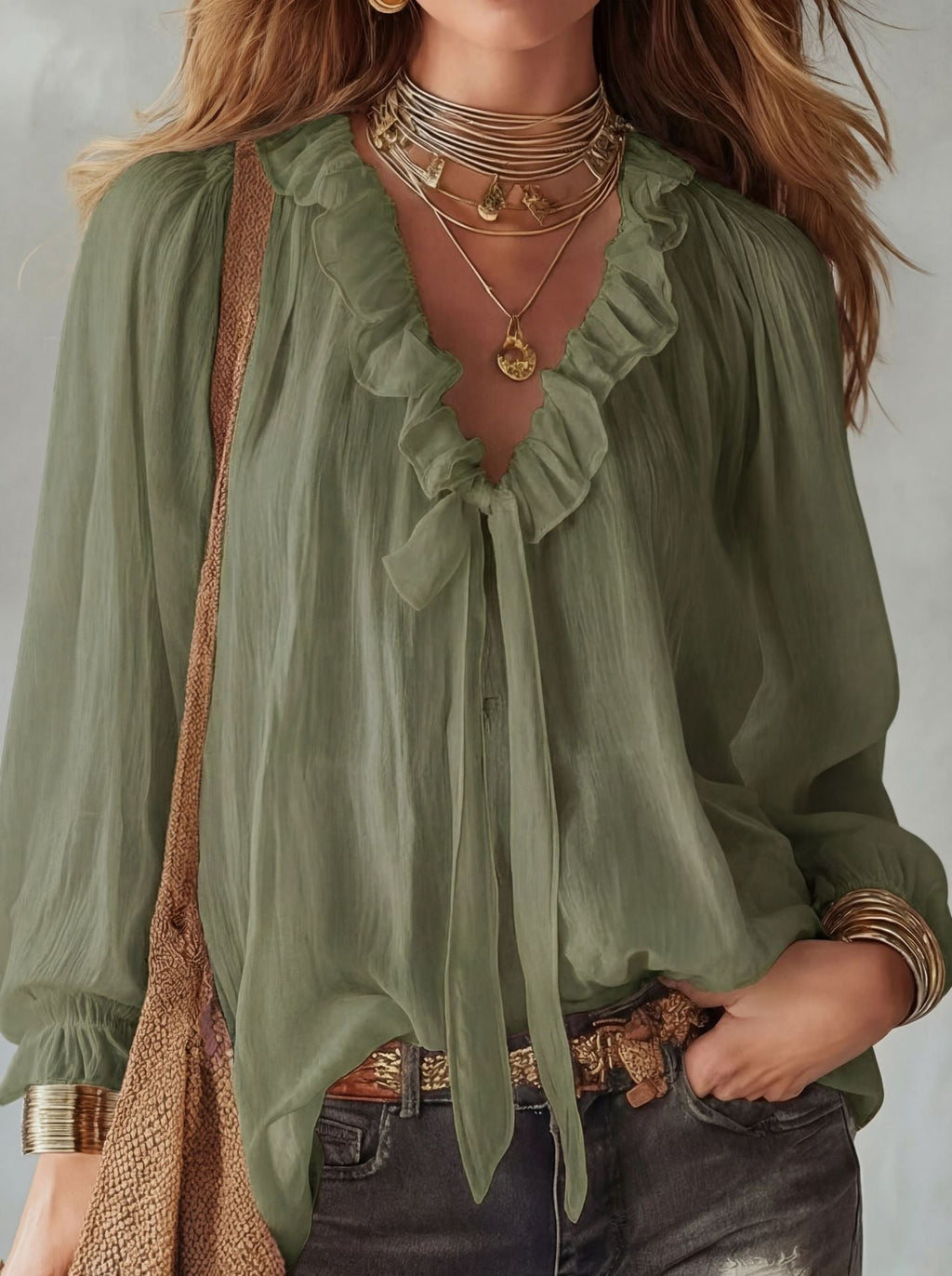 Casual Loose Fashion Ruffle Tie V-neck Shirt Top