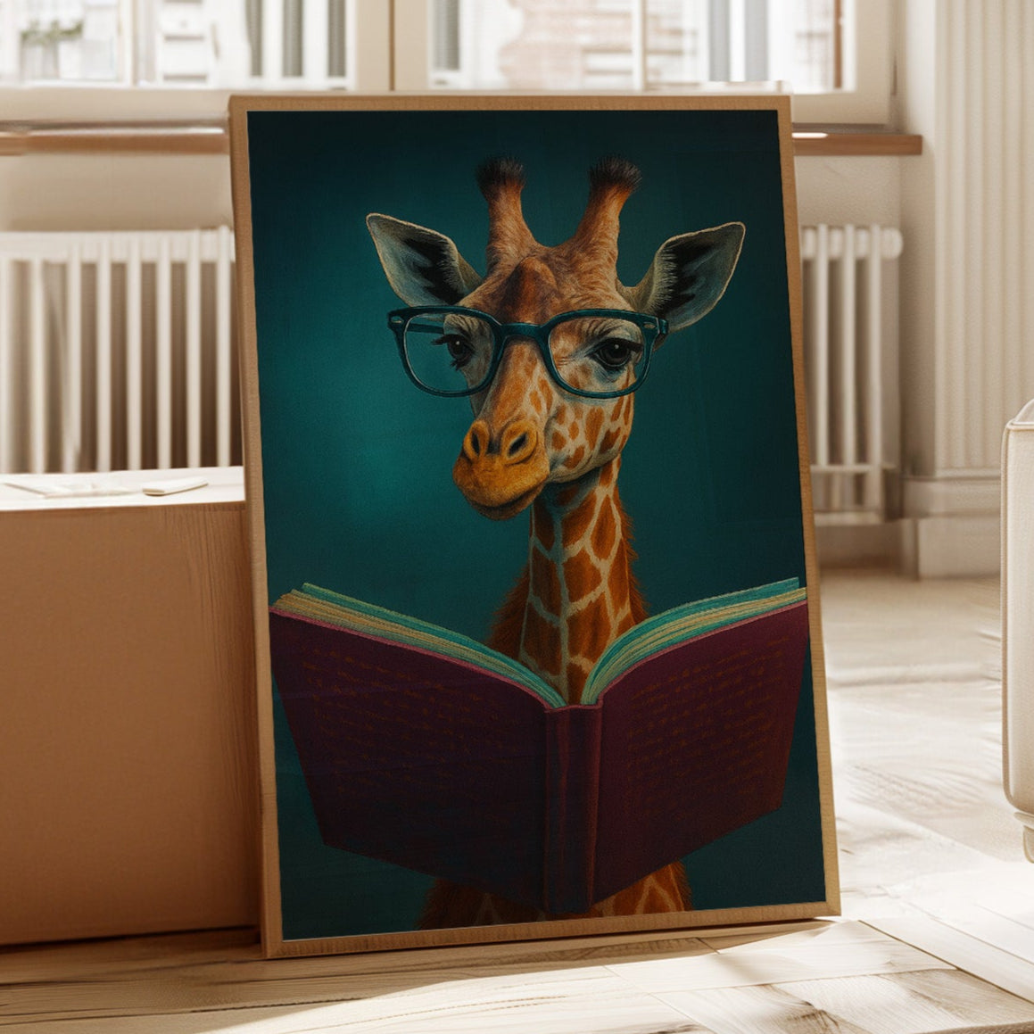 Girafe à lunettes lisant un livre