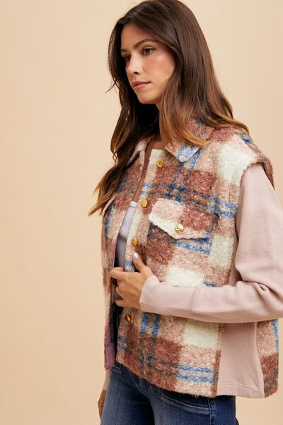 Women Brown Faux Fur Plaid Button-Up Jacket Soft Jacket For Girls Jacket With Closure