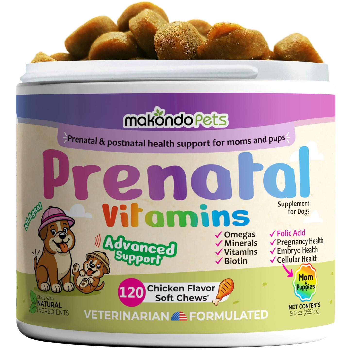 Dog Prenatal Vitamins 120 Soft Chews Multivitamin Folic Acid Zinc B Complex DHA & EPA Omegas and Probiotics Supplement for Pregnant Nursing Breastfeeding pet Mom & Puppy Vitamin Formula