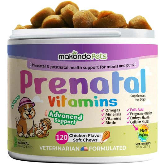 Dog Prenatal Vitamins 120 Soft Chews Multivitamin Folic Acid Zinc B Complex DHA & EPA Omegas and Probiotics Supplement for Pregnant Nursing Breastfeeding pet Mom & Puppy Vitamin Formula