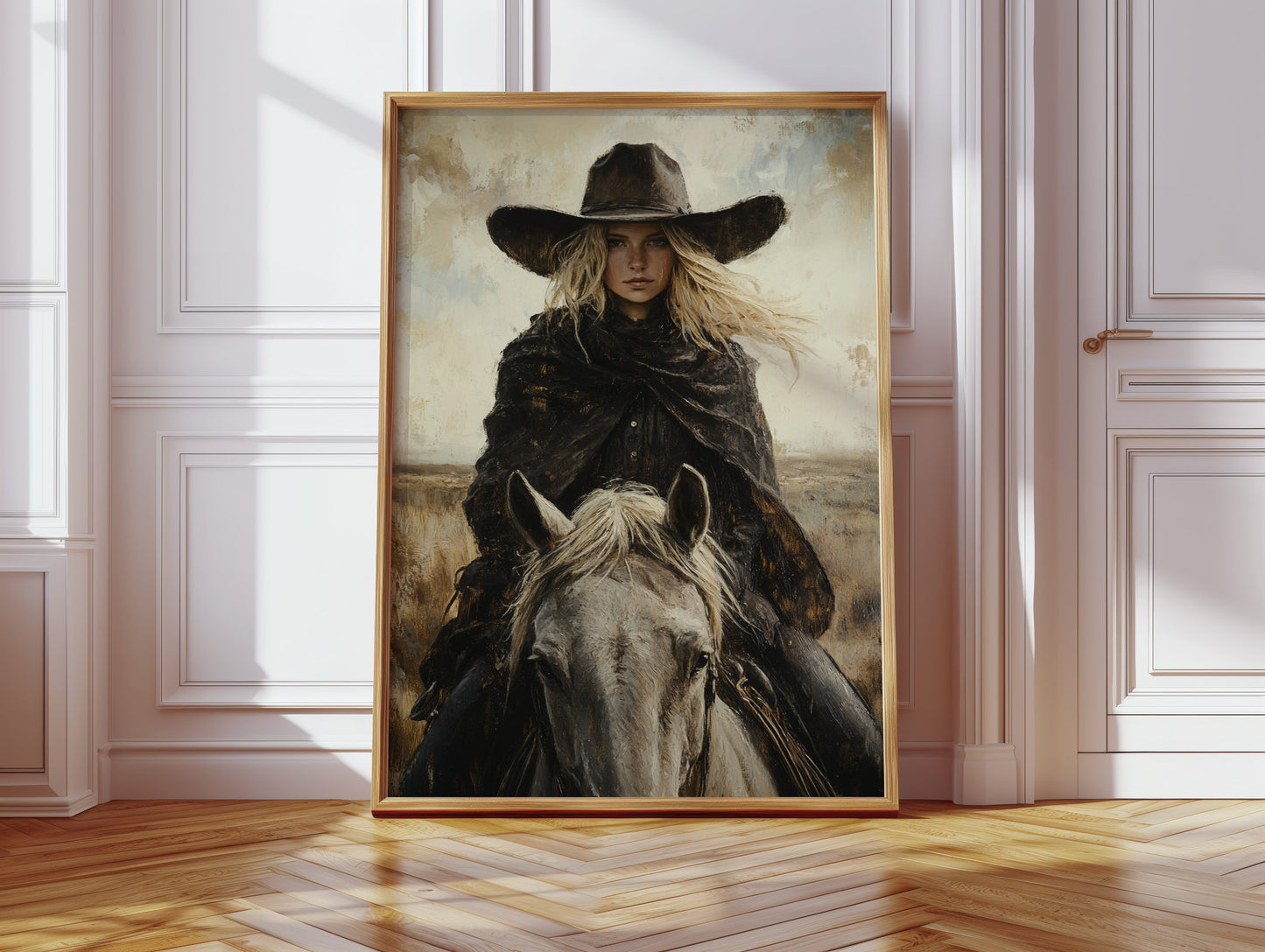 Reiter in Schwarz auf weißem Pferd