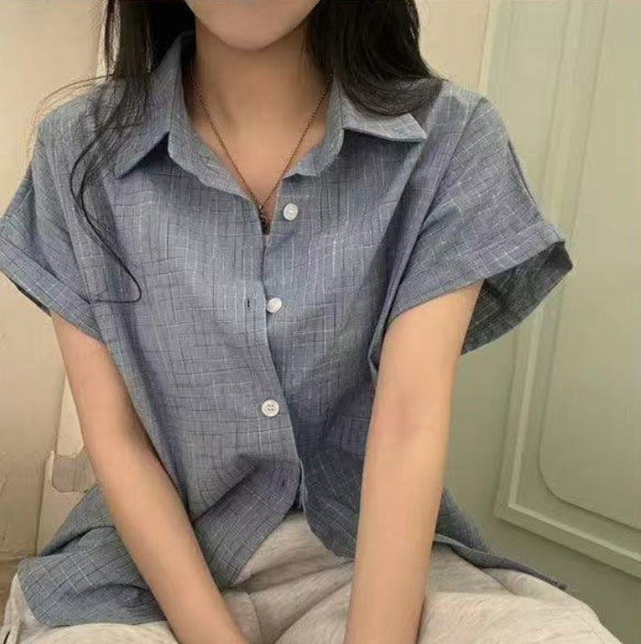 Womens Loose Korean-Style Retro Color-Block Plaid Short-Sleeve Shirt